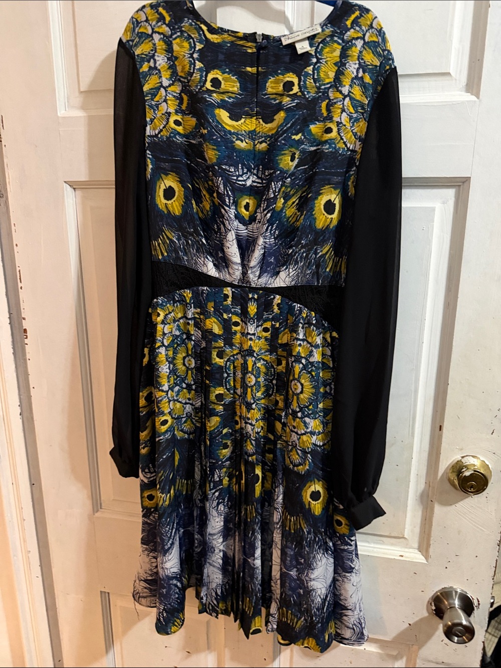 Nicole Richie for Macy’s Peacock-Print Navy & Yellow Long Sleeve Dress- size 4